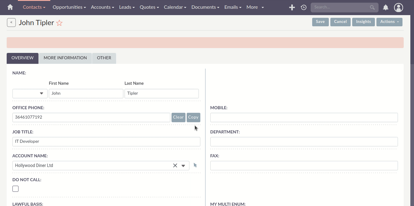 Field Actions example