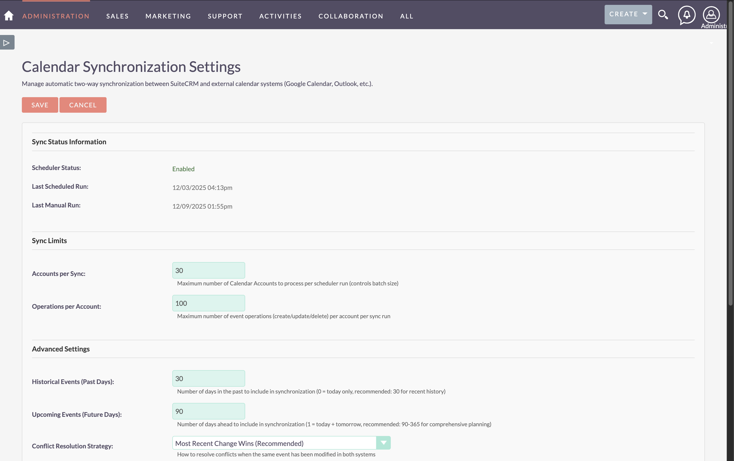 Calendar Sync Settings