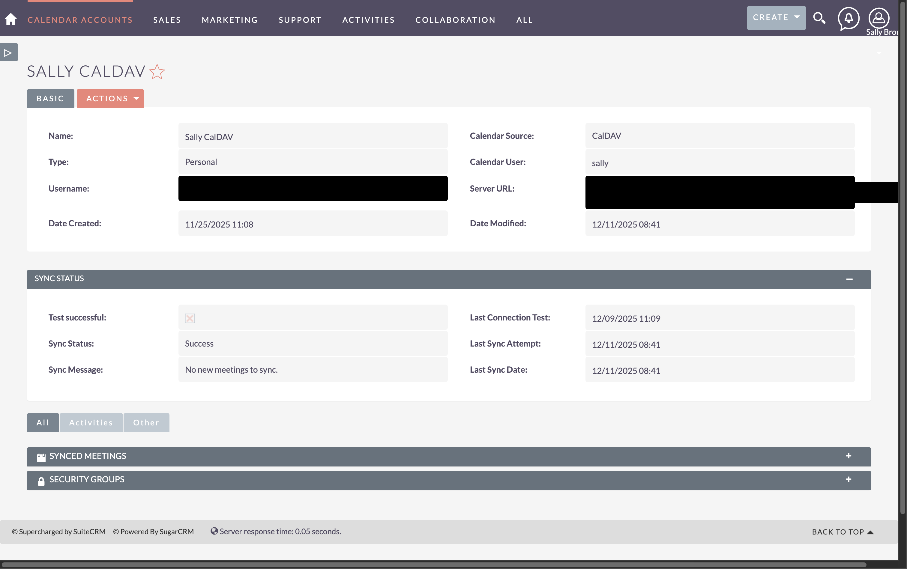 CalDAV Calendar Account with Example Server URL