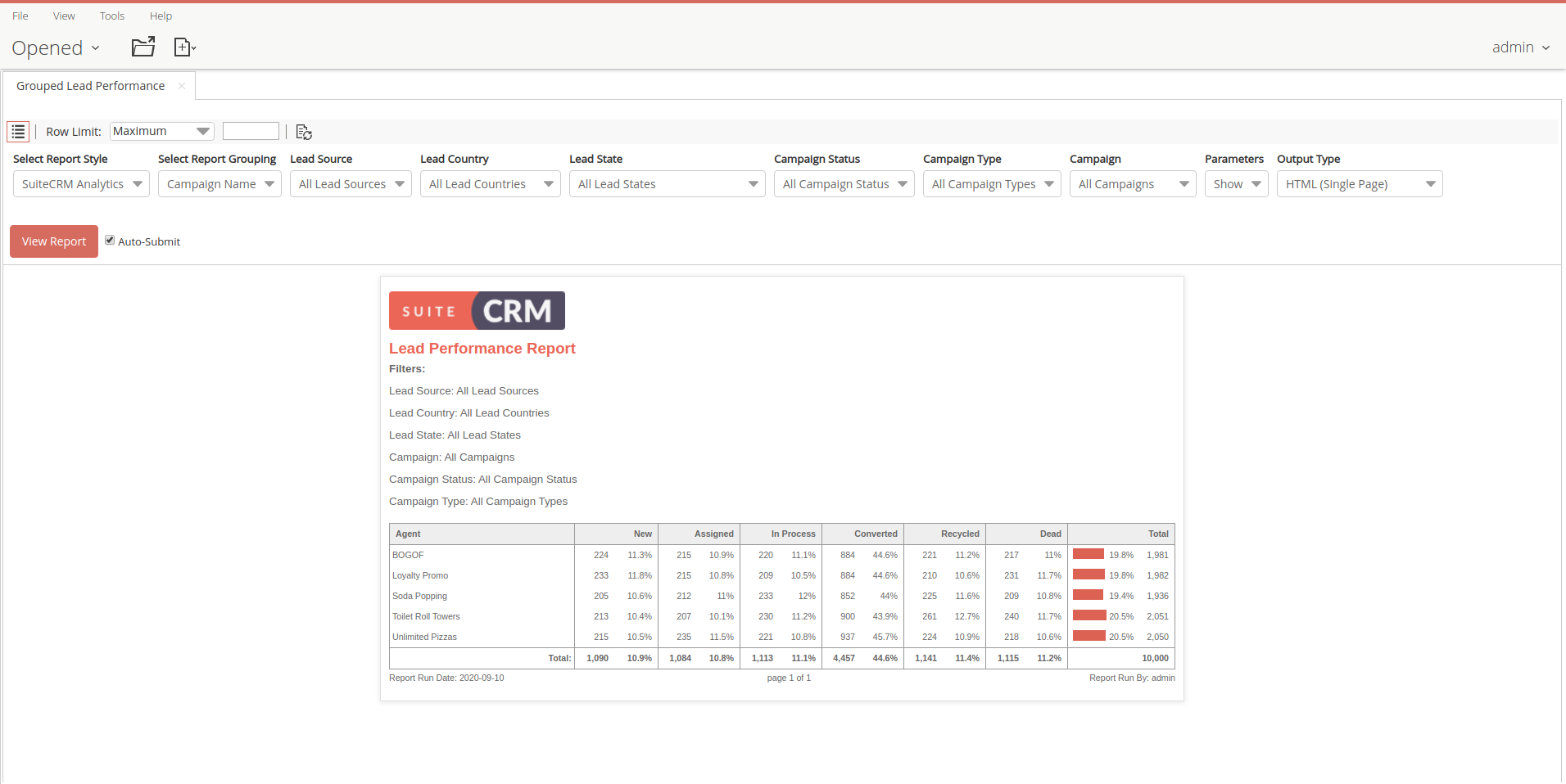 Открытие отчёта в SuiteCRM Analytics